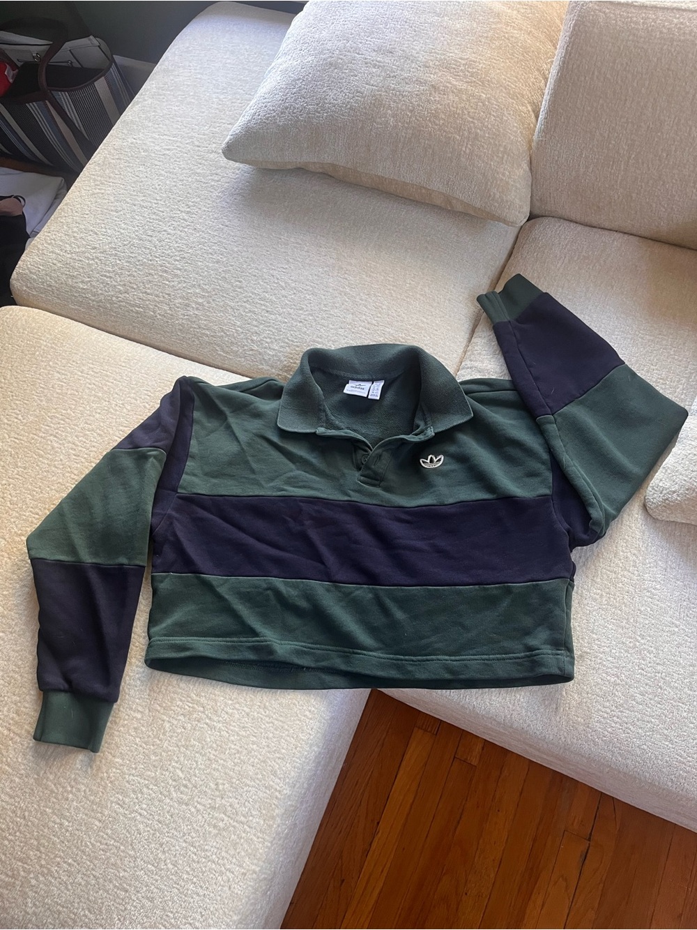 Womens Green & Navy Stripe Rugby Polo Shirt - Adidas